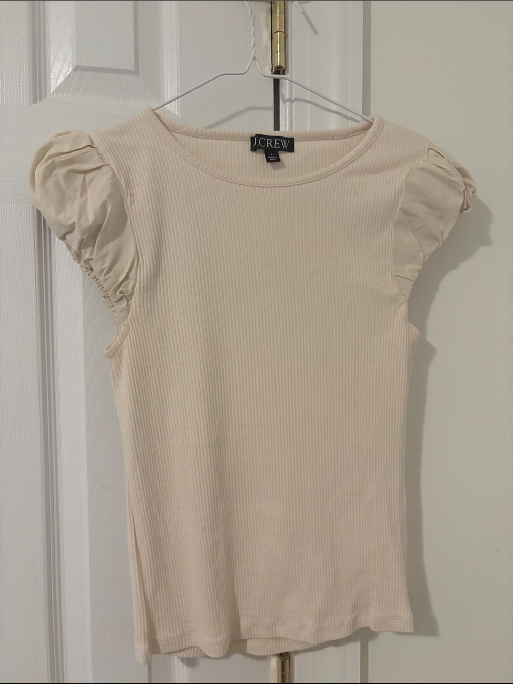 J. Crew Cream Ribbed Puff-Sleeve Tee